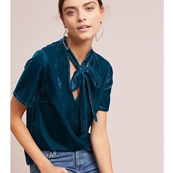 Anthropologie Tops - Anthropologie Sunday In Brooklyn Velvet Tie Neck Blouse Teal XS